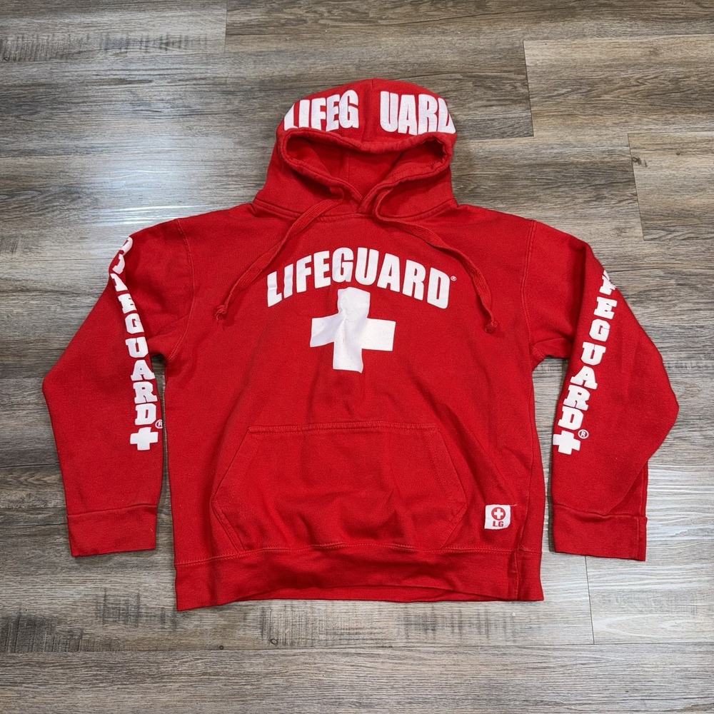 Official Lifeguard Hoodie Mens L Spell Out LIFEGUARD Branding Red Long Sleeve
